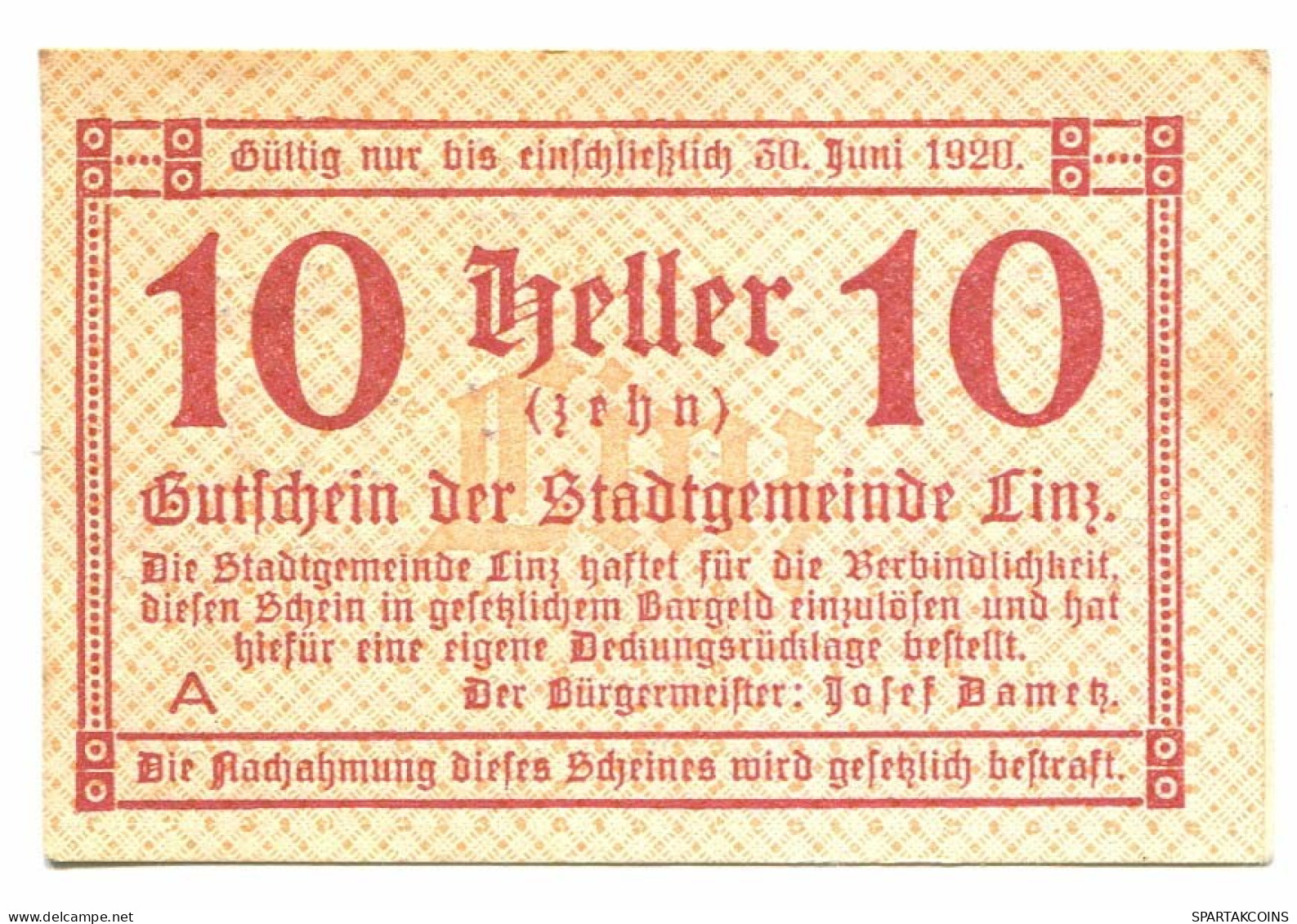 10 Heller 1920 LINZ Österreich UNC Notgeld Papiergeld Banknote #P10349 - [11] Local Banknote Issues