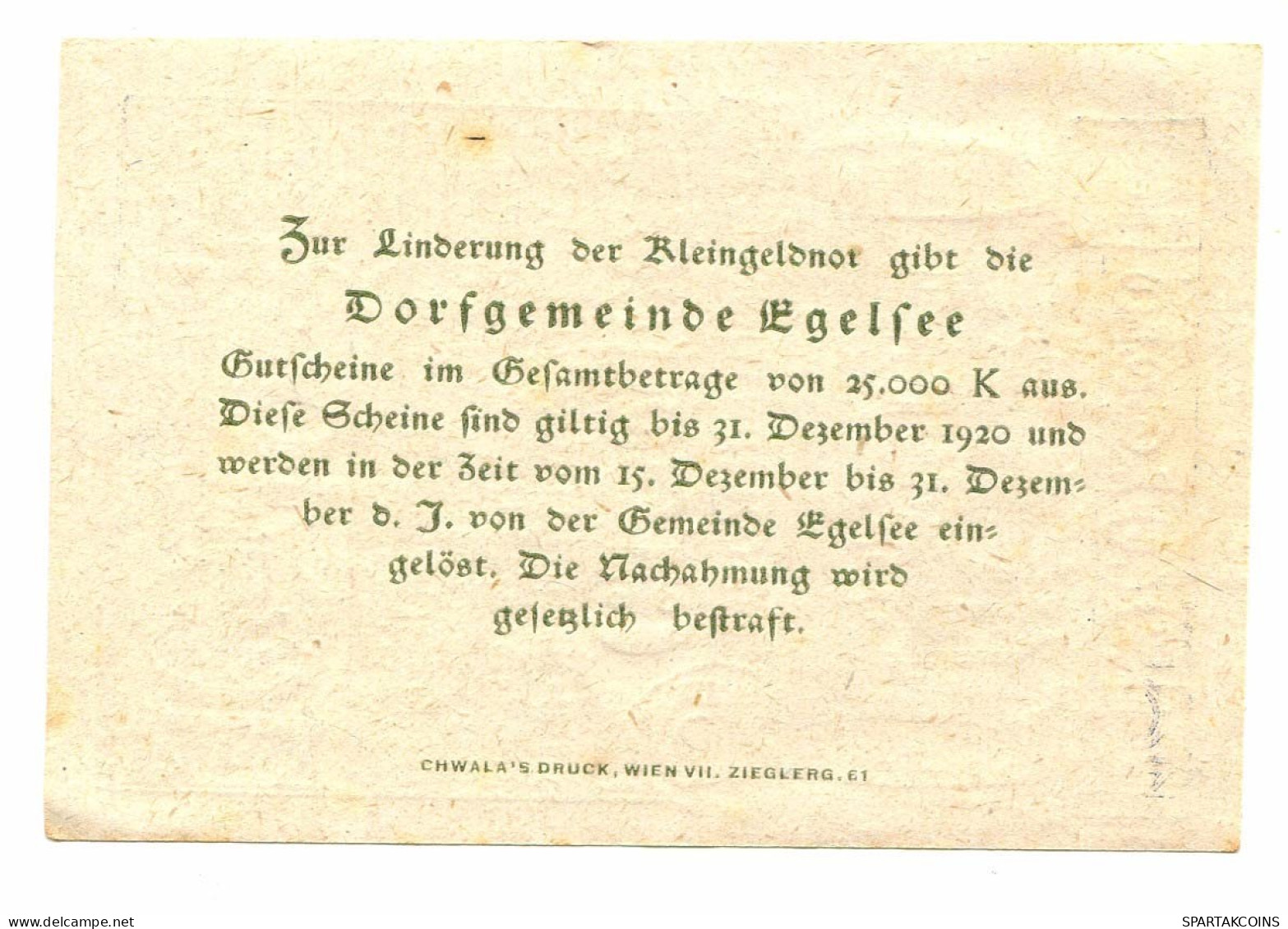 10 Heller 1920 EGELSEE Österreich UNC Notgeld Papiergeld Banknote #P10457 - [11] Local Banknote Issues