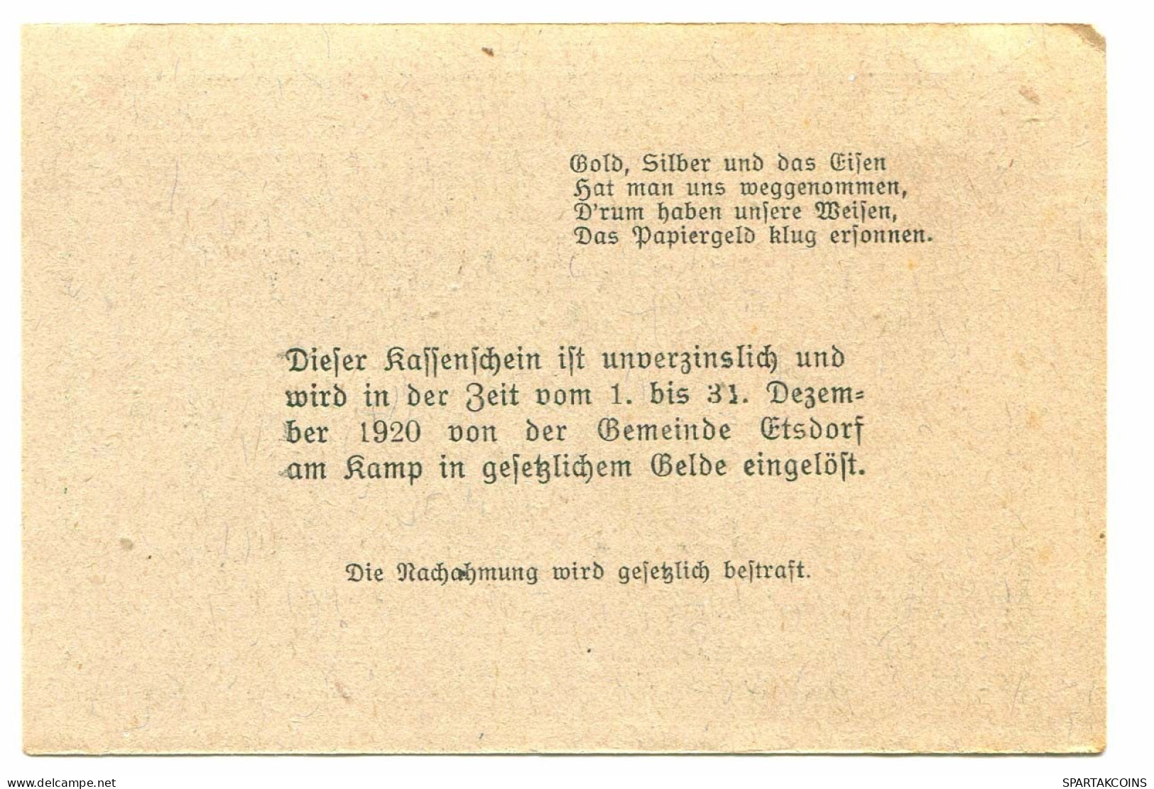 10 Heller 1920 ETSDORF AM KAMP Österreich UNC Notgeld Papiergeld Banknote #P10340 - [11] Local Banknote Issues