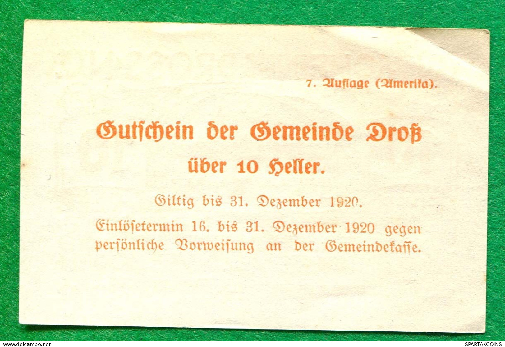 10 Heller 1920 DROSS Österreich UNC Notgeld Papiergeld Banknote #P10276 - [11] Local Banknote Issues