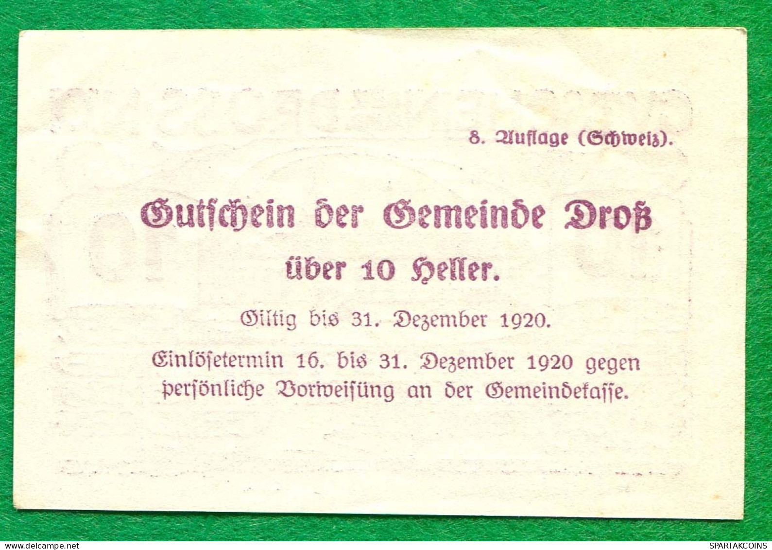 10 Heller 1920 DROSS Österreich UNC Notgeld Papiergeld Banknote #P10279 - [11] Local Banknote Issues