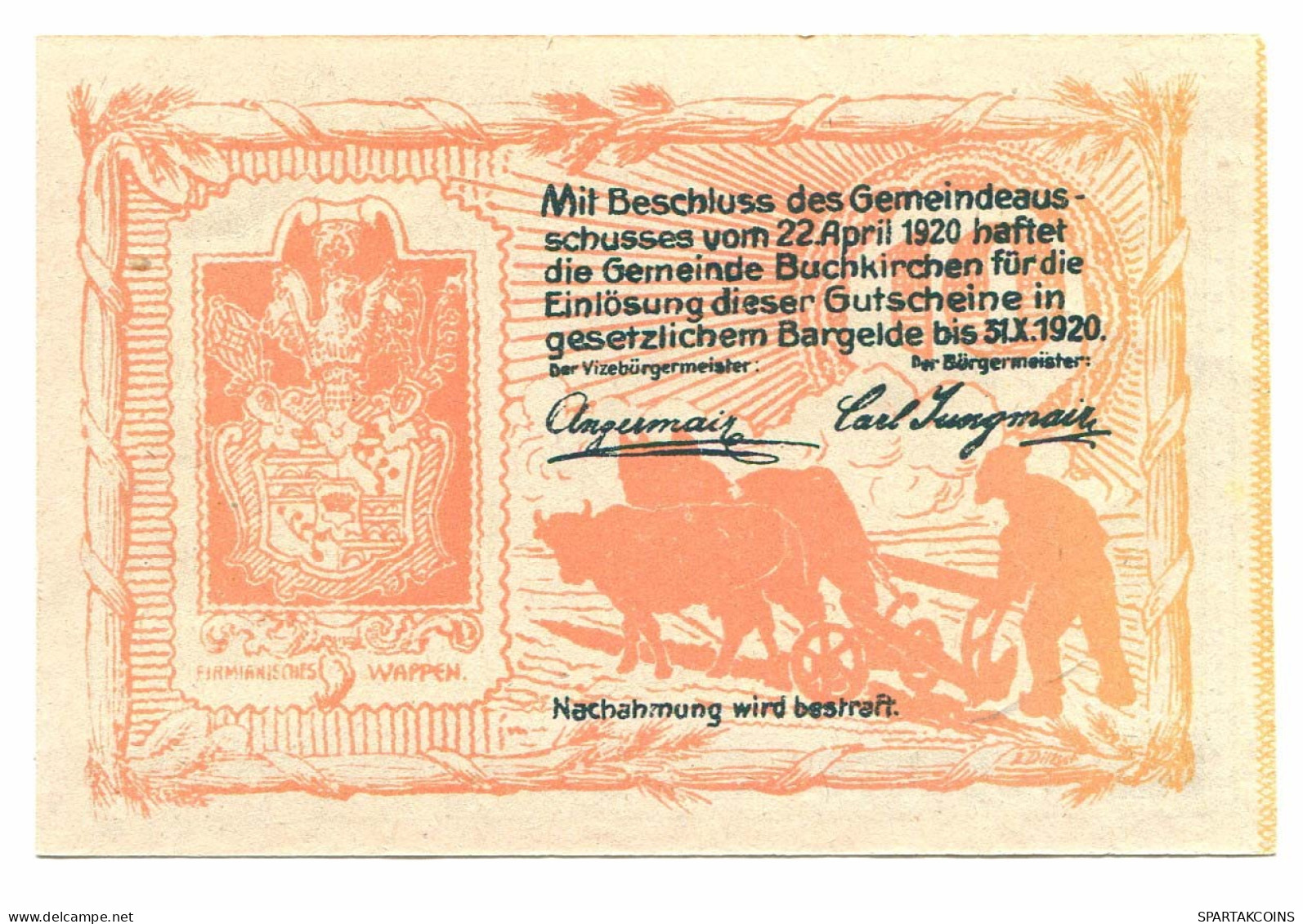 10 Heller 1920 BUCHKIRCHEN Österreich UNC Notgeld Papiergeld Banknote #P10531 - [11] Local Banknote Issues