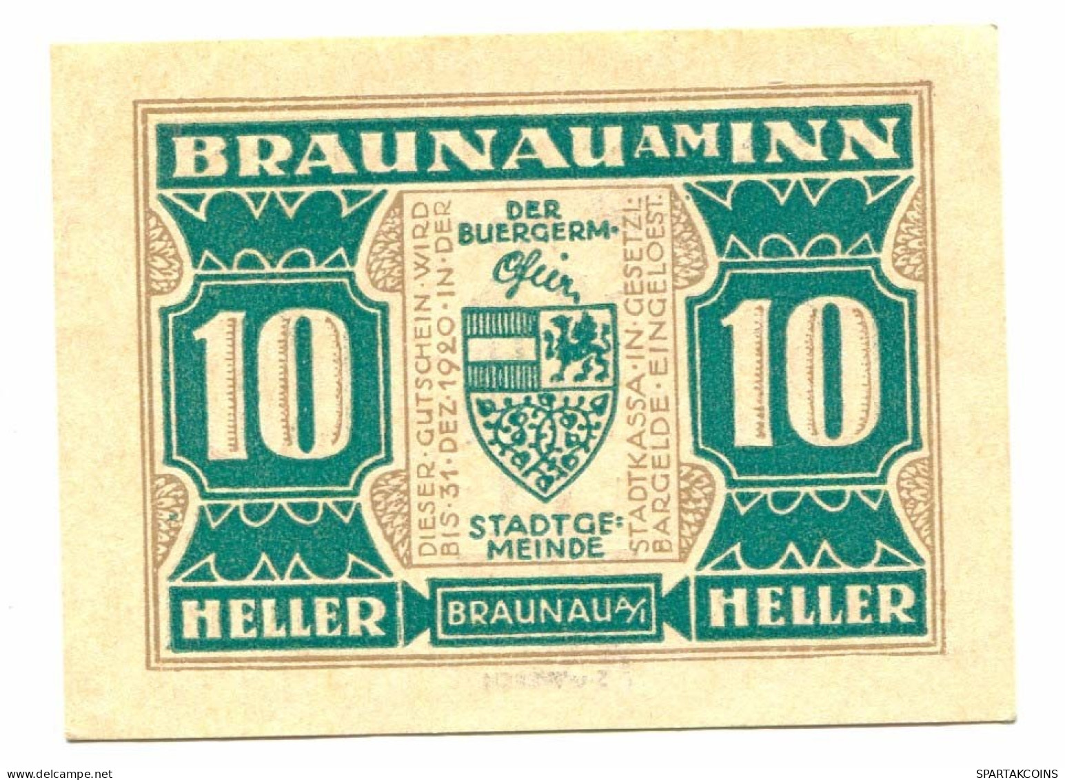 10 Heller 1920 BRAUNAU Österreich UNC Notgeld Papiergeld Banknote #P10717 - [11] Local Banknote Issues