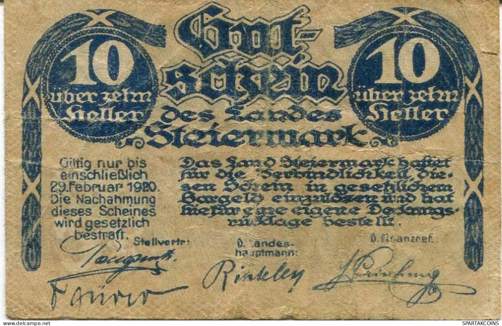 10 HELLER 1919 Stadt STYRIA Styria Österreich Notgeld Papiergeld Banknote #PL898 - [11] Local Banknote Issues