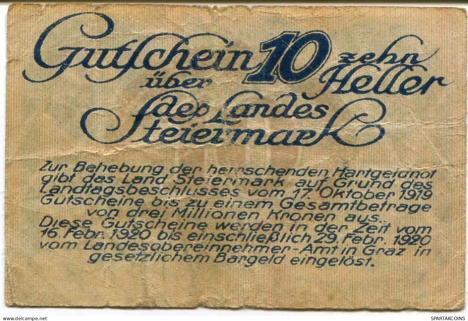 10 HELLER 1919 Stadt STYRIA Styria Österreich Notgeld Papiergeld Banknote #PL898 - [11] Local Banknote Issues