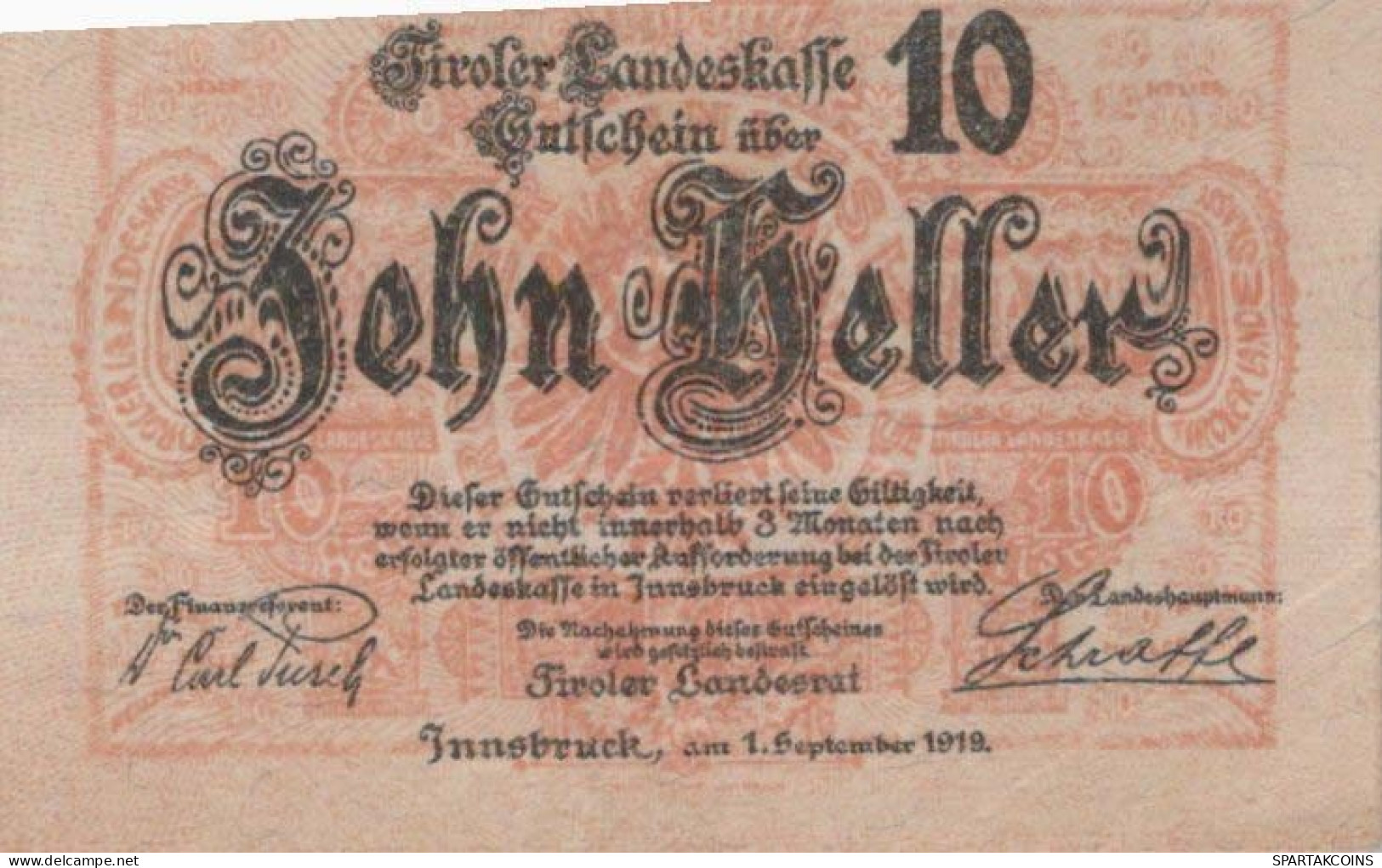 10 HELLER 1919 Stadt TYROL Tyrol Österreich Notgeld Papiergeld Banknote #PF239 - [11] Local Banknote Issues