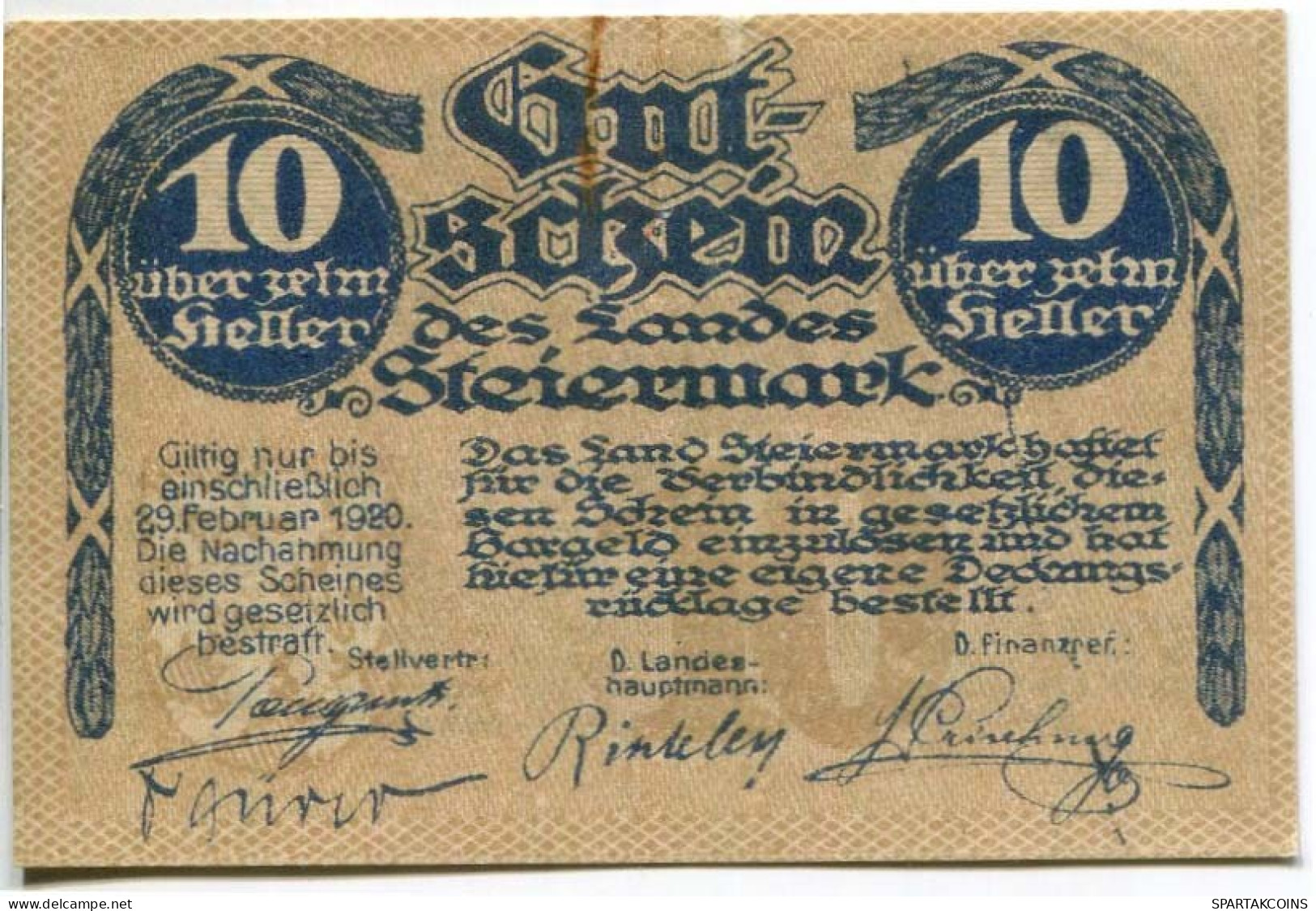 10 HELLER 1919 Stadt STYRIA Styria Österreich Notgeld Papiergeld Banknote #PL895 - [11] Local Banknote Issues