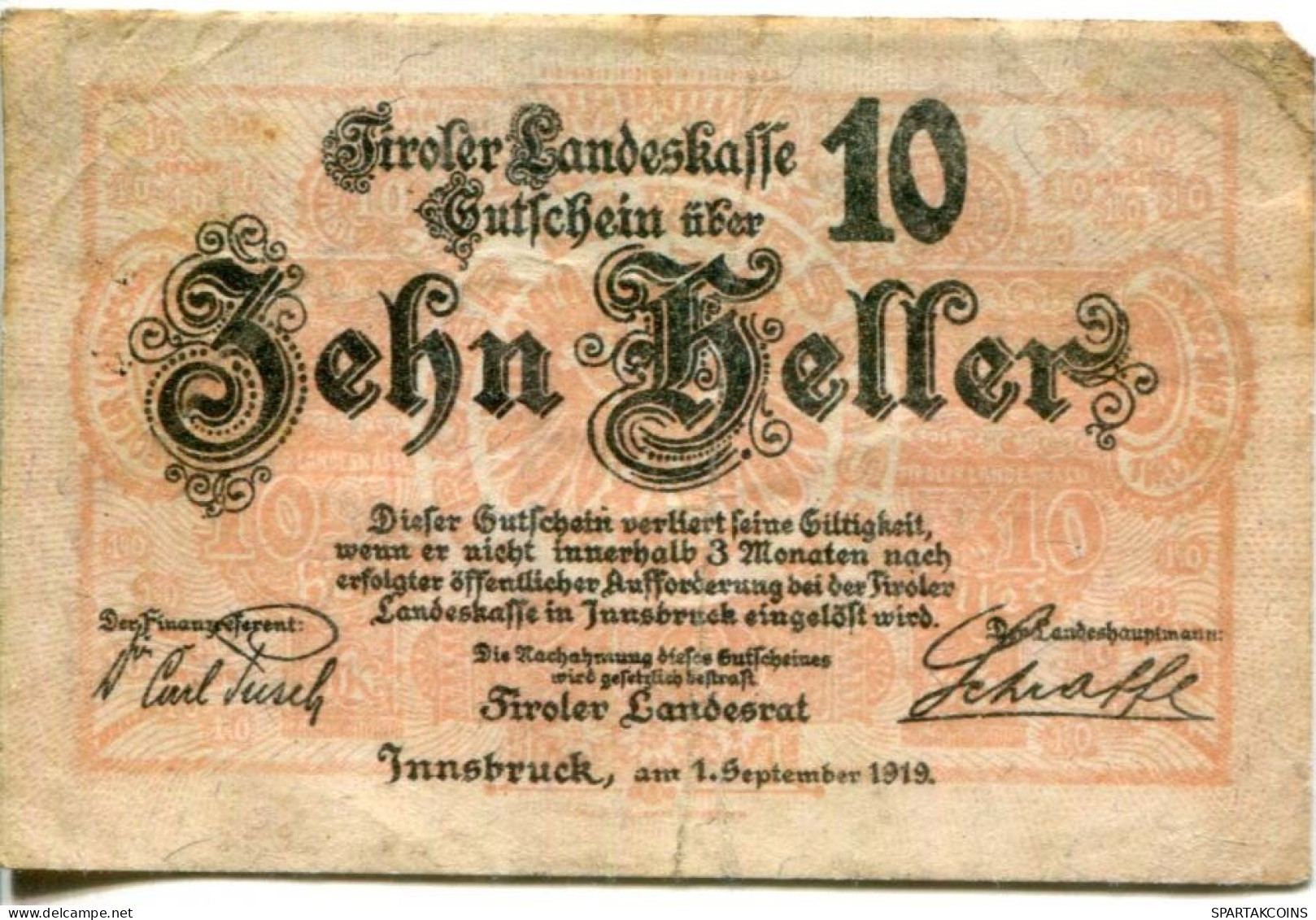 10 HELLER 1919 Stadt TYROL Tyrol Österreich Notgeld Papiergeld Banknote #PL635 - [11] Local Banknote Issues