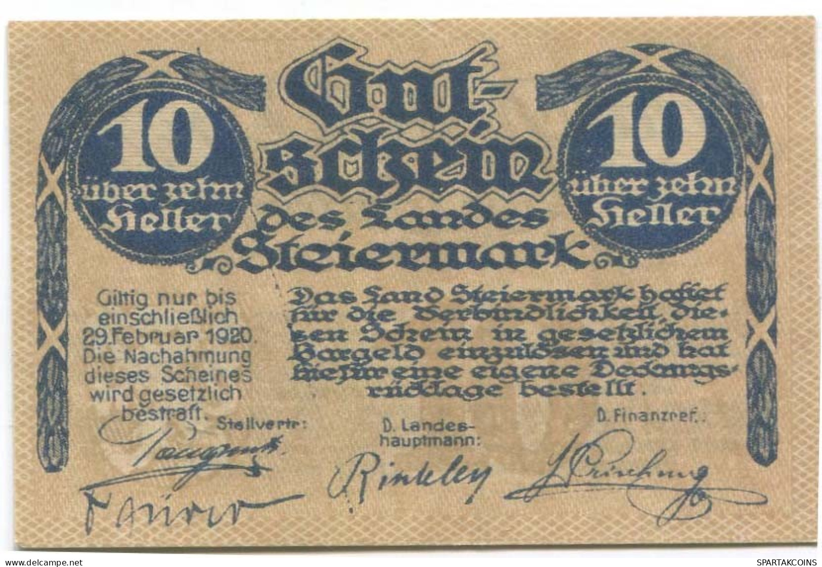 10 HELLER 1919 Stadt STYRIA Styria Österreich Notgeld Papiergeld Banknote #PL790 - [11] Local Banknote Issues