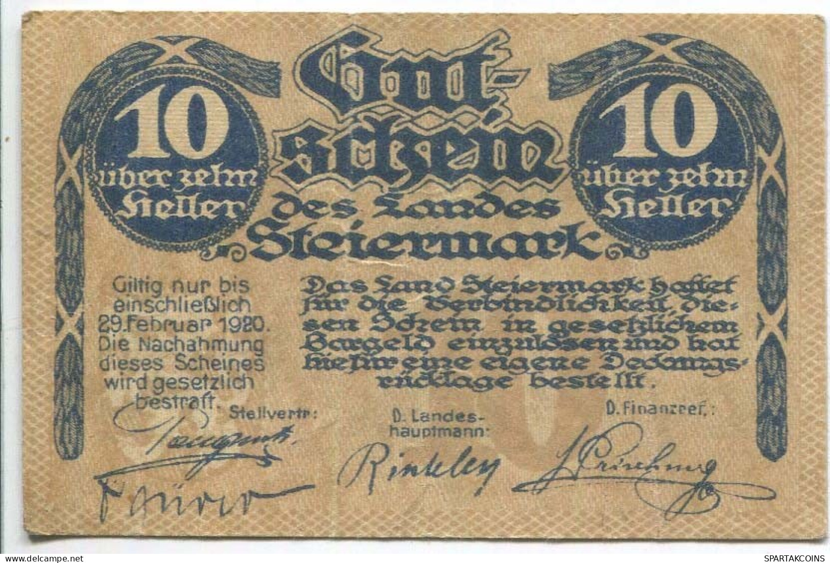 10 HELLER 1919 Stadt STYRIA Styria Österreich Notgeld Papiergeld Banknote #PL777 - [11] Local Banknote Issues