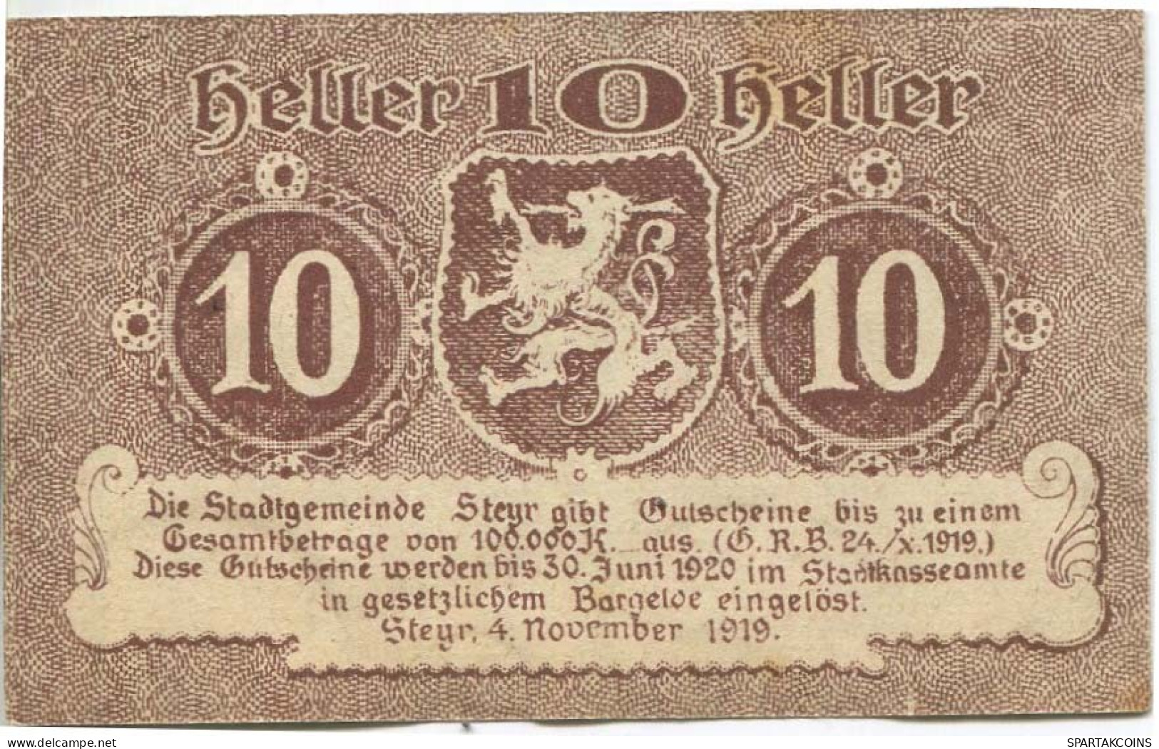 10 HELLER 1919 Stadt STEYR Oberösterreich Österreich Notgeld Papiergeld Banknote #PL776 - [11] Local Banknote Issues