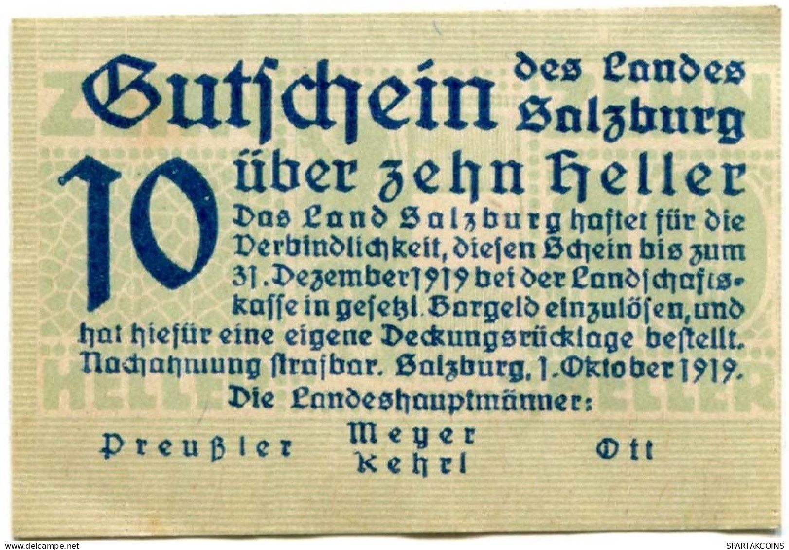 10 HELLER 1919 Stadt SALZBURG Salzburg Österreich Notgeld Papiergeld Banknote #PL653 - [11] Local Banknote Issues