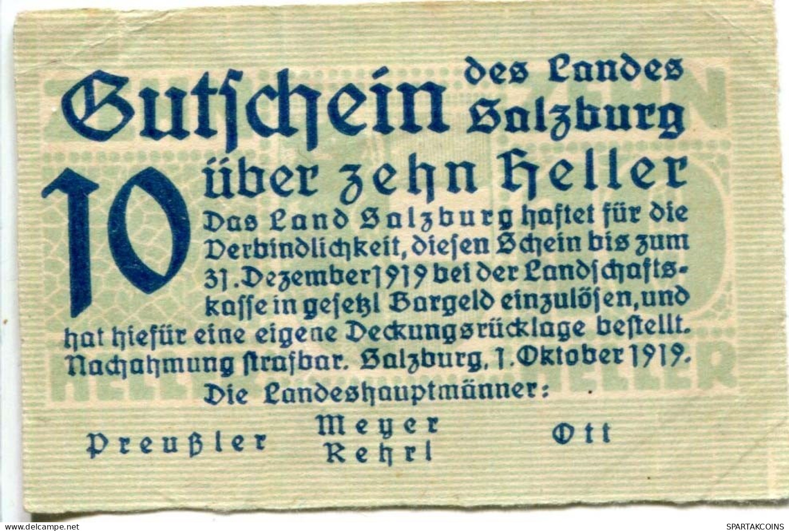 10 HELLER 1919 Stadt SALZBURG Salzburg Österreich Notgeld Papiergeld Banknote #PL648 - [11] Local Banknote Issues