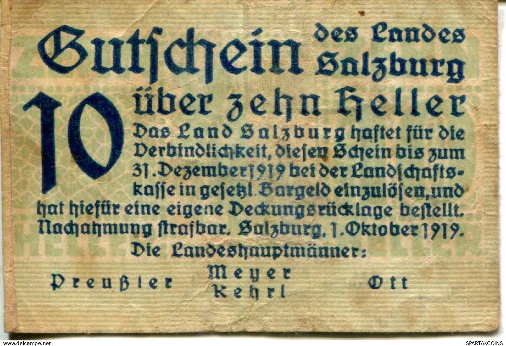 10 HELLER 1919 Stadt SALZBURG Salzburg Österreich Notgeld Papiergeld Banknote #PL633 - [11] Local Banknote Issues