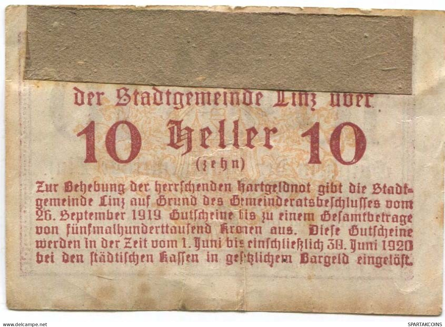 10 HELLER 1919 Stadt LINZ Oberösterreich Österreich Notgeld Papiergeld Banknote #PL730 - [11] Local Banknote Issues