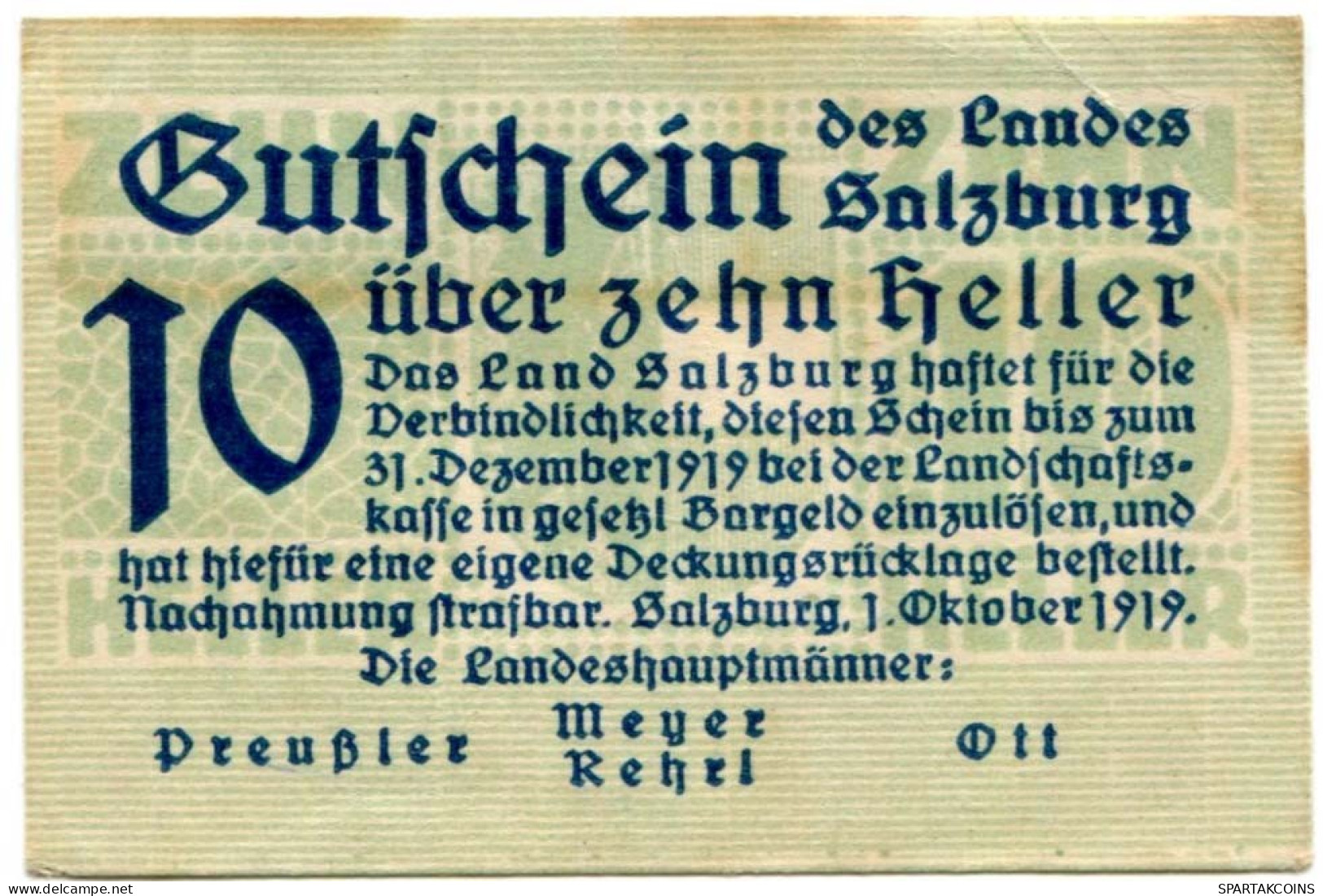 10 HELLER 1919 Stadt SALZBURG Salzburg Österreich Notgeld Papiergeld Banknote #PL632 - [11] Local Banknote Issues