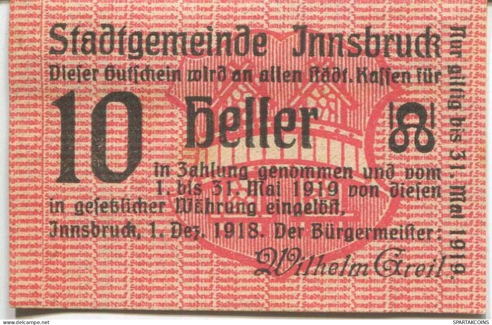 10 HELLER 1919 Stadt INNSBRUCK Tyrol Österreich Notgeld Papiergeld Banknote #PL724 - [11] Local Banknote Issues