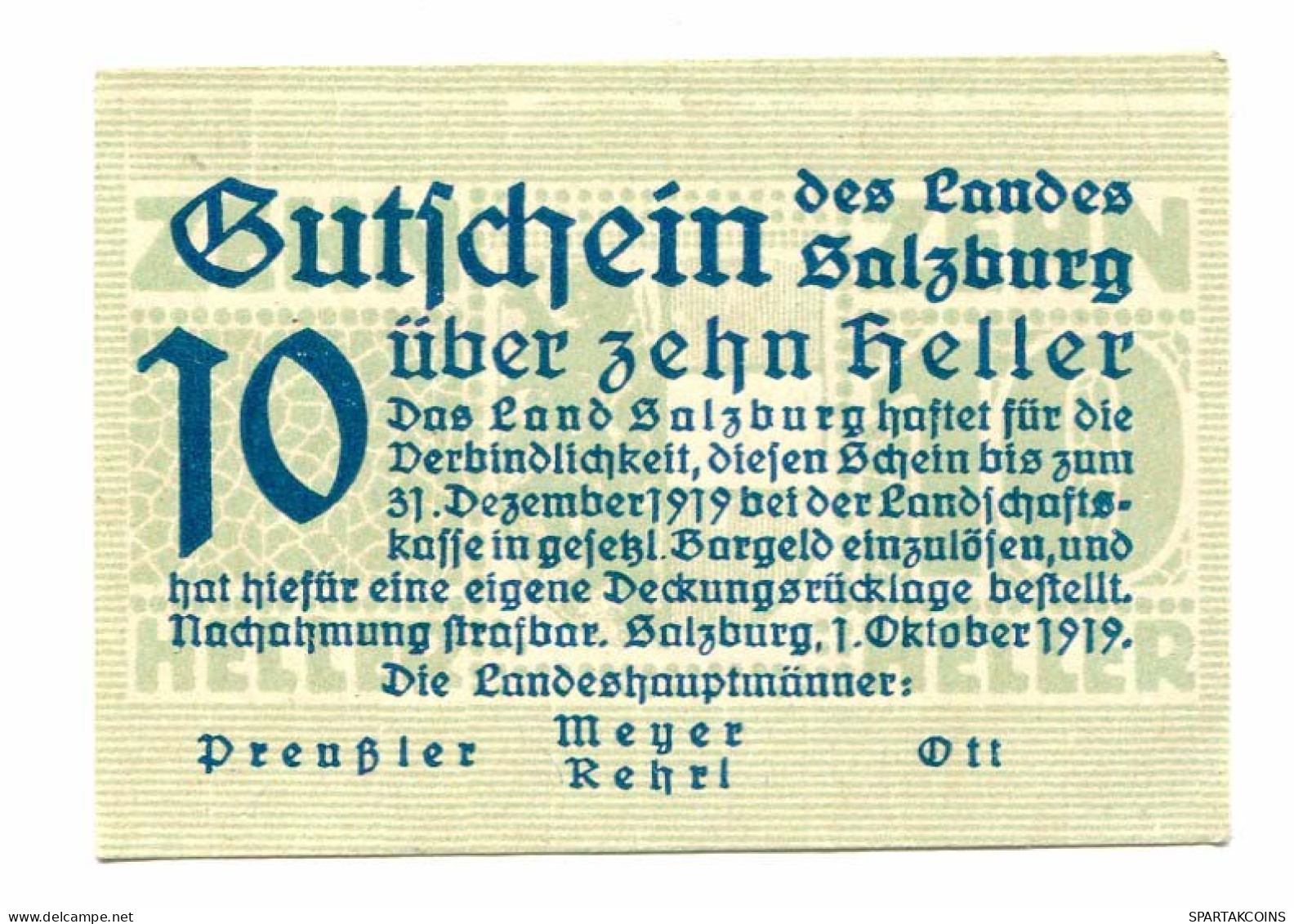 10 Heller 1919 SALZBURG Österreich UNC Notgeld Papiergeld Banknote #P10696 - [11] Local Banknote Issues