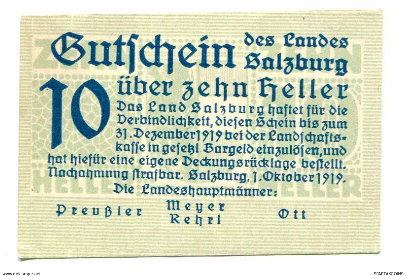10 Heller 1919 SALZBURG Österreich UNC Notgeld Papiergeld Banknote #P10694 - [11] Local Banknote Issues