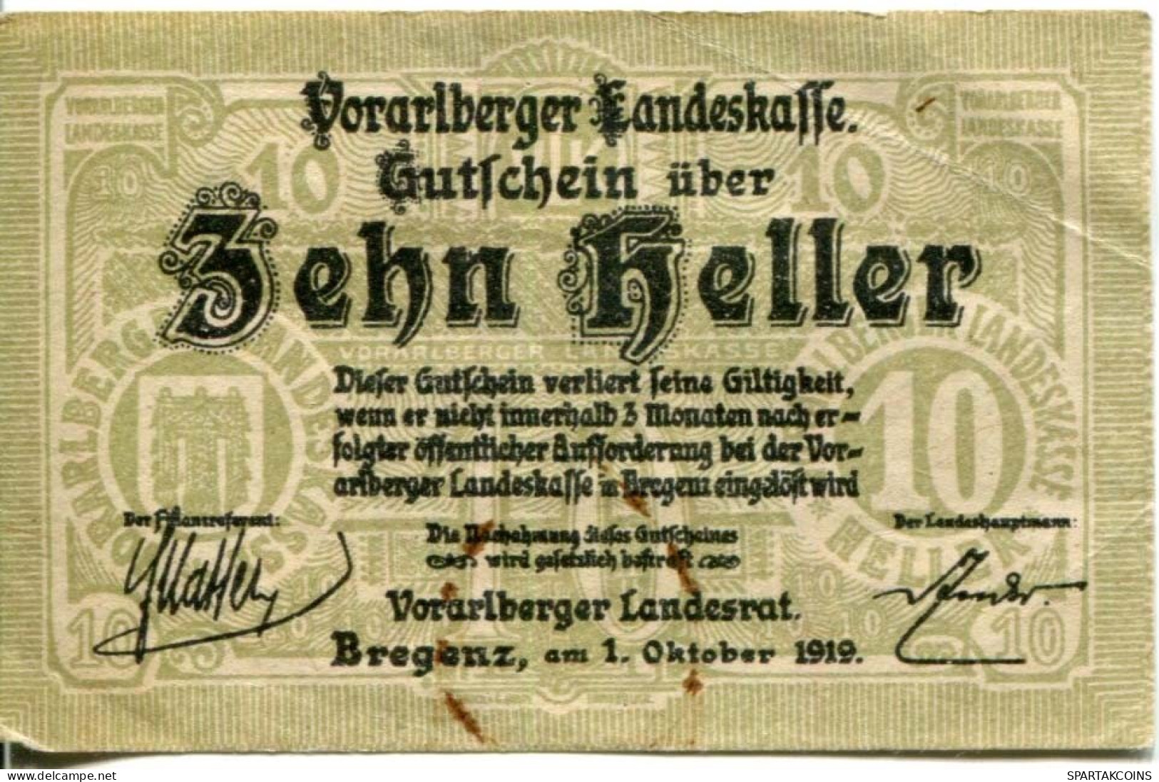 10 HELLER 1919 Stadt BREGENZ Vorarlberg Österreich Notgeld Papiergeld Banknote #PL638 - [11] Local Banknote Issues