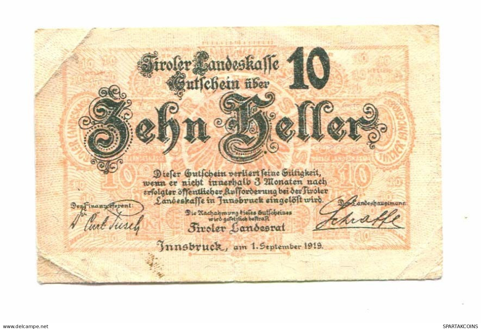 10 Heller 1919 INNSBRUCK Österreich Notgeld Papiergeld Banknote #P10623 - [11] Local Banknote Issues