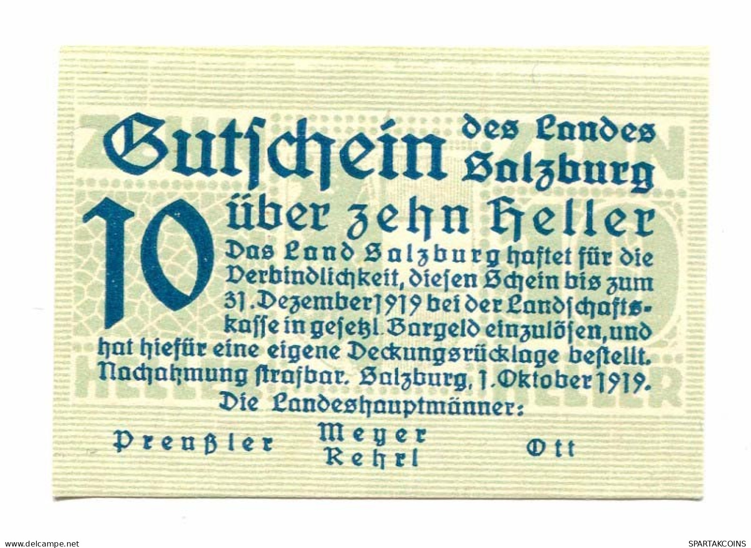 10 Heller 1919 SALZBURG Österreich UNC Notgeld Papiergeld Banknote #P10693 - [11] Local Banknote Issues