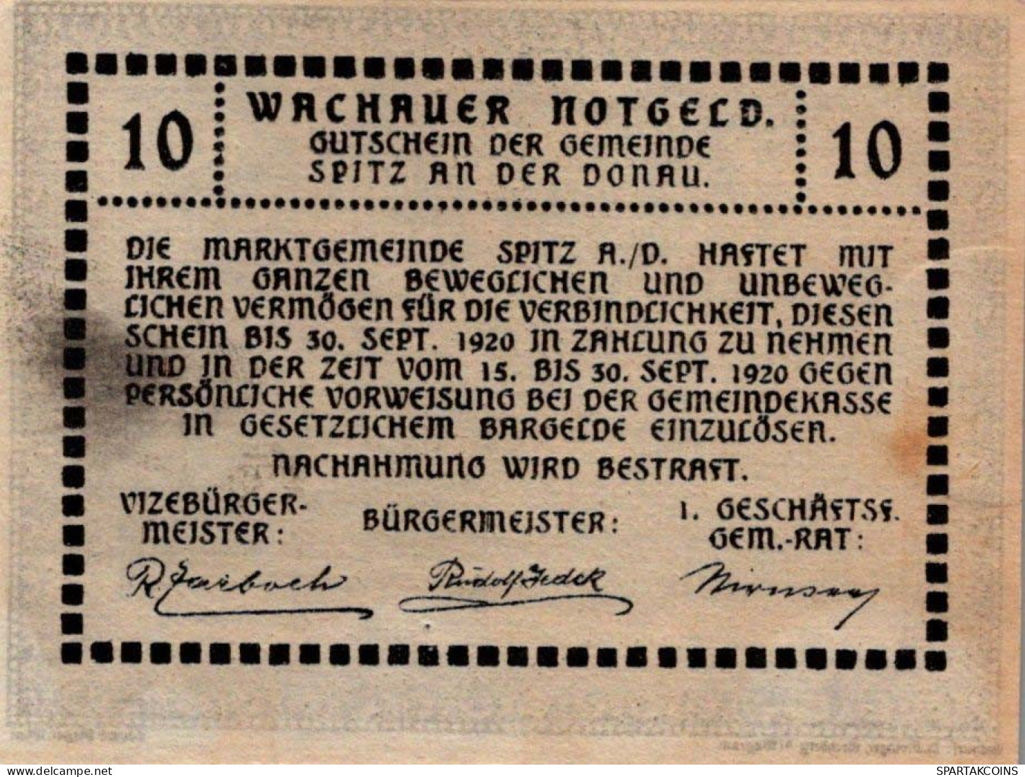 10 HELLER 1918-1921 Stadt WACHAU Niedrigeren Österreich Notgeld #PD935 - [11] Local Banknote Issues