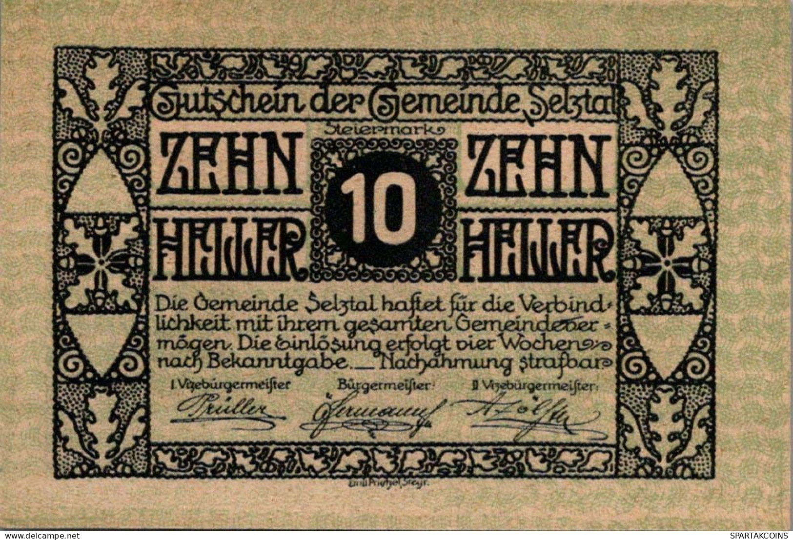10 HELLER 1918-1921 Stadt SELZTAL Styria Österreich Notgeld Banknote #PE678 - [11] Local Banknote Issues