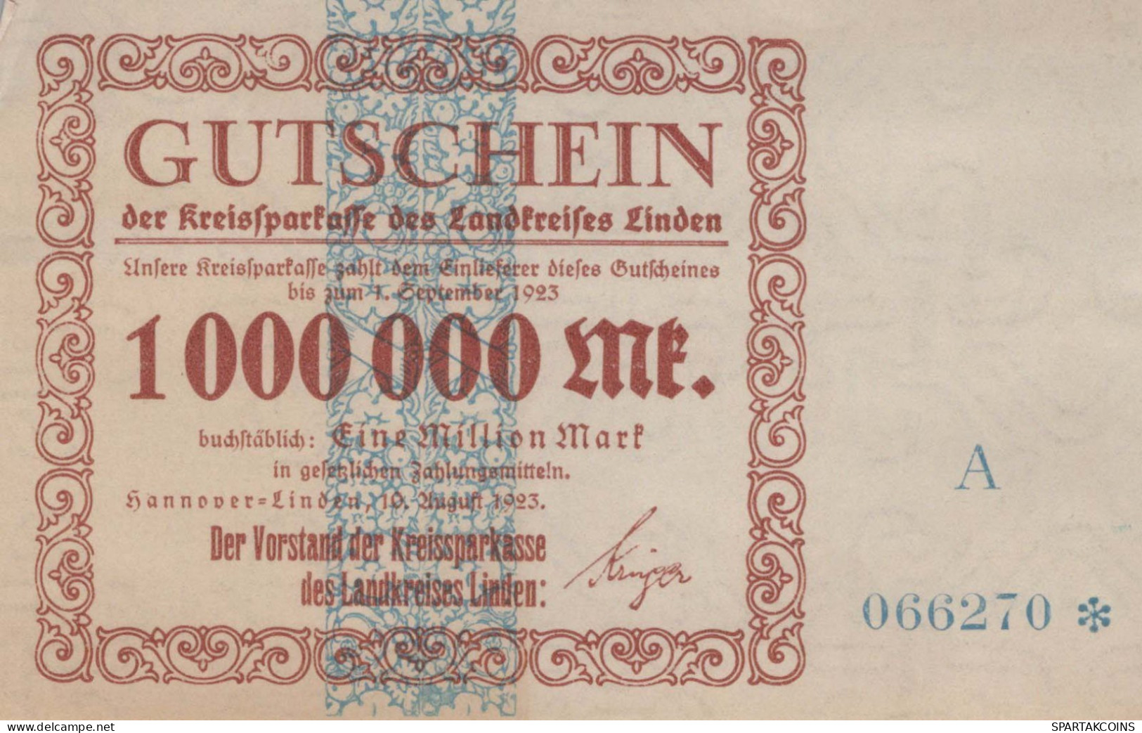 1 MILLION MARK 1923 Stadt LINDEN Hanover DEUTSCHLAND Papiergeld Banknote #PK852 - [11] Local Banknote Issues