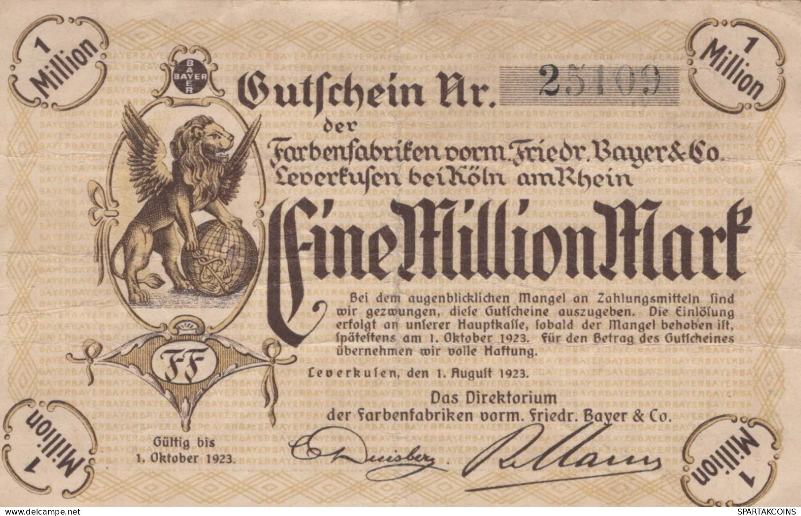 1 MILLION MARK 1923 Stadt LEVERKUSEN Rhine DEUTSCHLAND Papiergeld Banknote #PK812 - [11] Local Banknote Issues