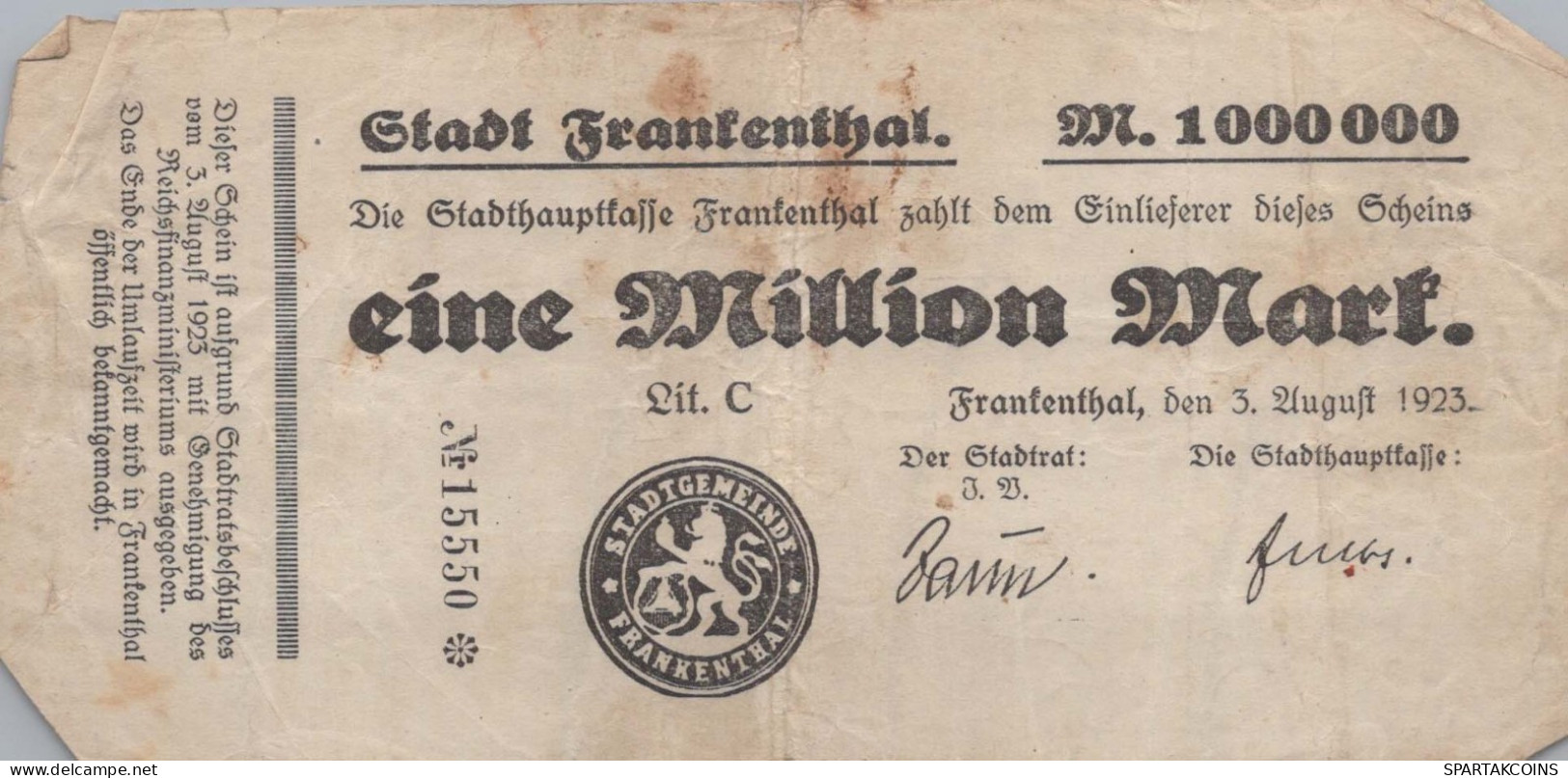 1 MILLION MARK 1923 Stadt FRANKENTHAL Bavaria DEUTSCHLAND Papiergeld Banknote #PK994 - [11] Local Banknote Issues