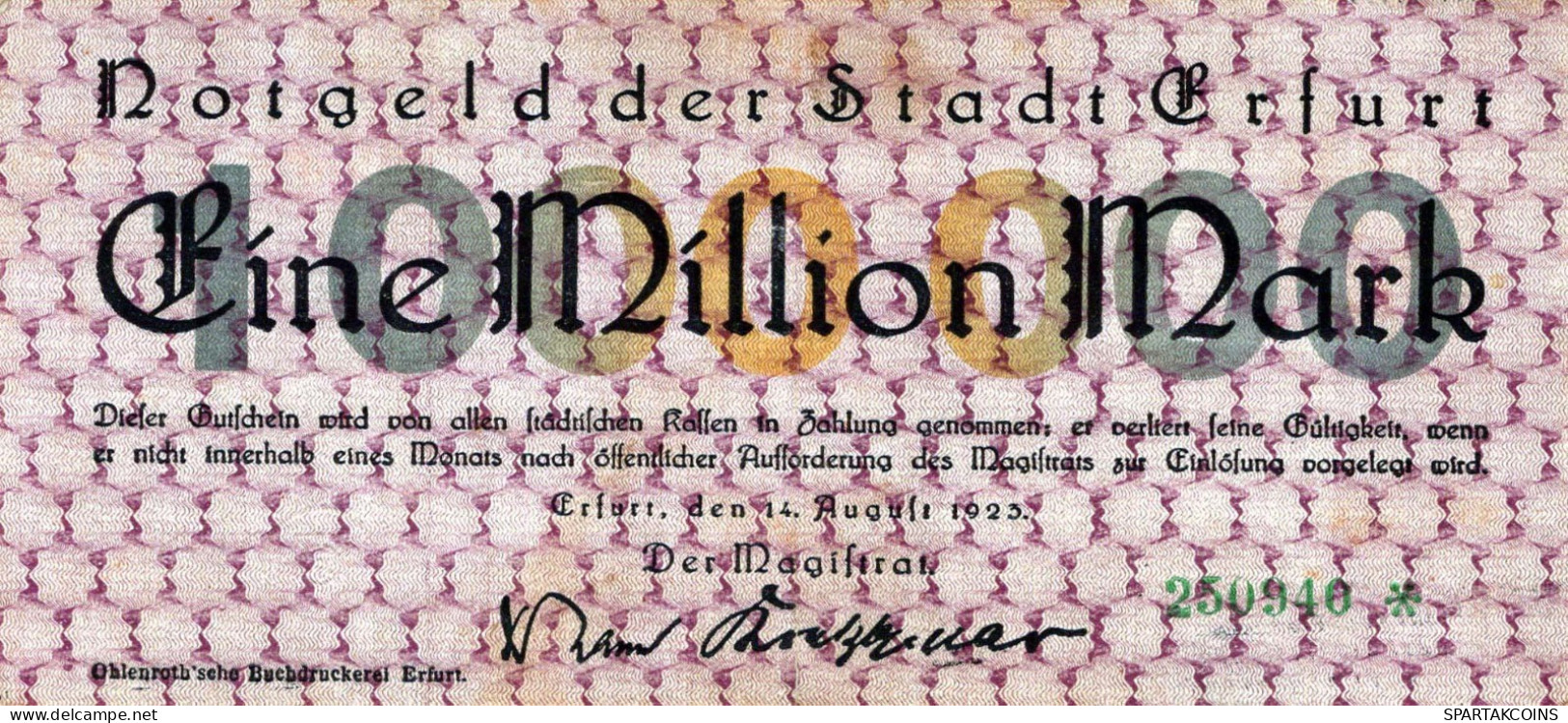 1 MILLION MARK 1923 Stadt ERFURT Saxony DEUTSCHLAND Papiergeld Banknote #PK867 - [11] Local Banknote Issues
