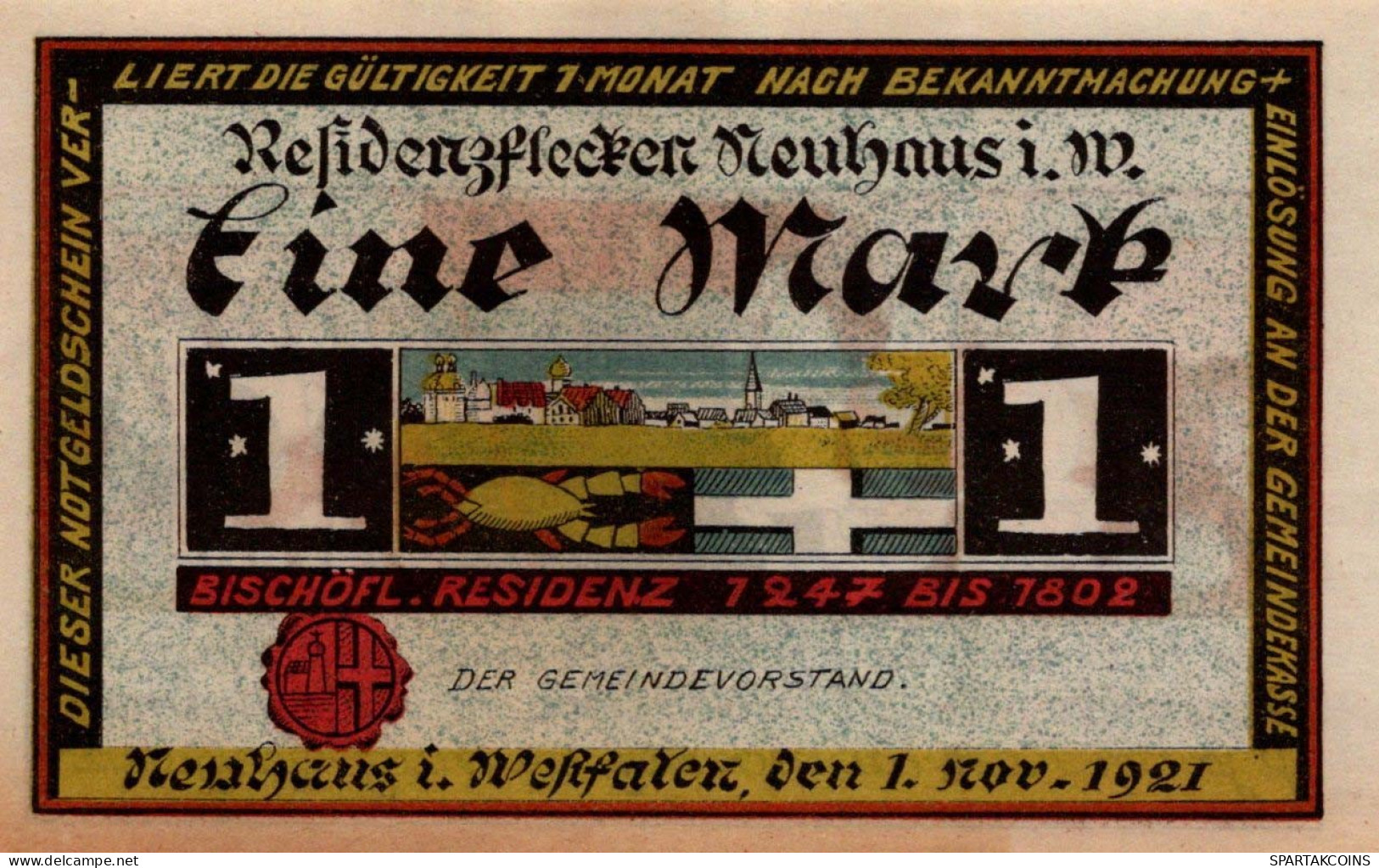 1 MARK Stadt NEUHAUS IN WESTFALEN Westphalia UNC DEUTSCHLAND Notgeld #PI781 - [11] Emissions Locales