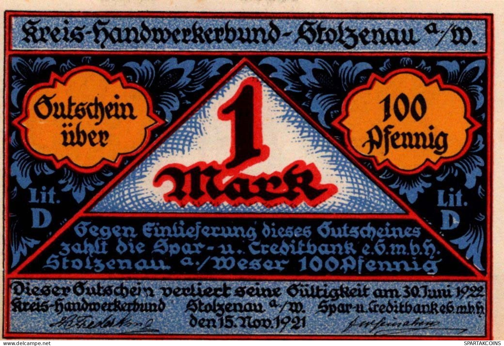 1 MARK 1922 Stadt STOLZENAU Hanover DEUTSCHLAND Notgeld Banknote #PF948 - [11] Local Banknote Issues