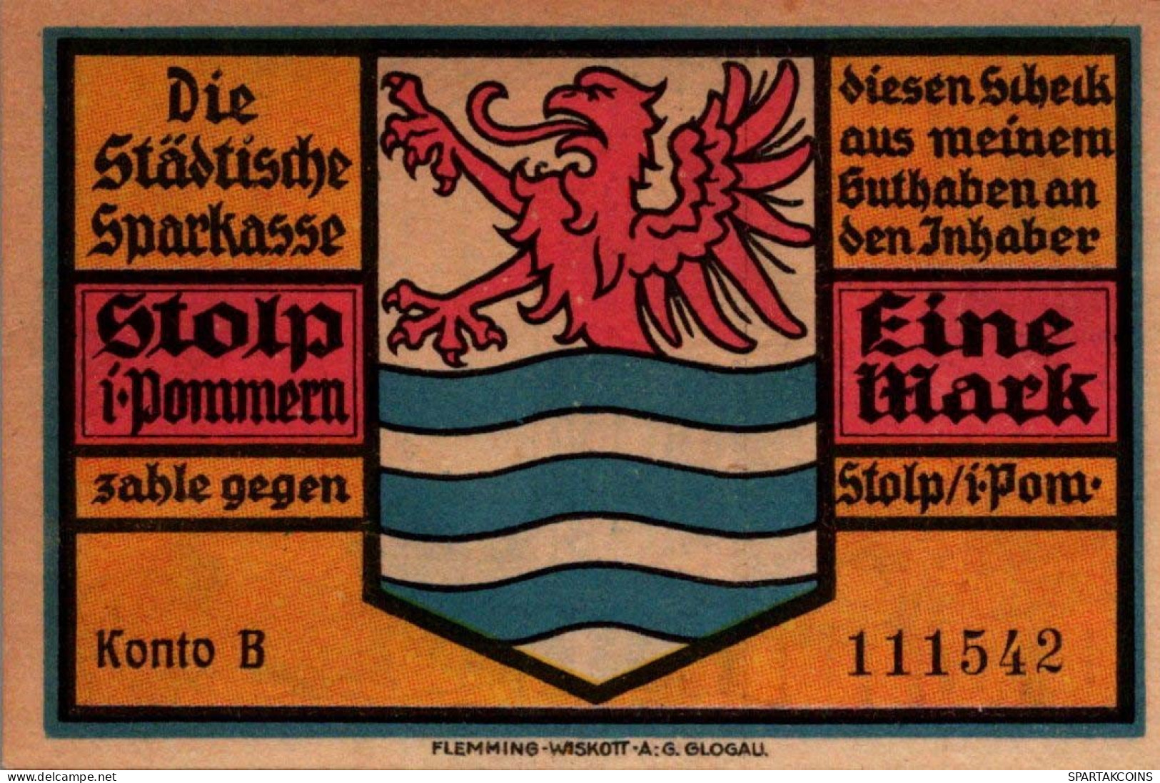 1 MARK 1922 Stadt STOLP Pomerania DEUTSCHLAND Notgeld Banknote #PF446 - [11] Local Banknote Issues