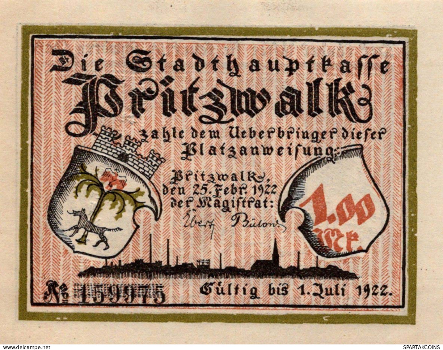 1 MARK 1922 Stadt PRITZWALK Brandenburg UNC DEUTSCHLAND Notgeld Banknote #PB745 - [11] Local Banknote Issues