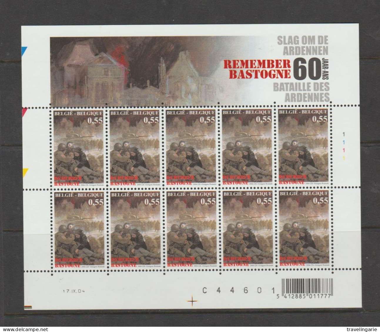 Belgium 2004 Remember Bastogne - Battle Of The Ardennes Complete Sheet  Plate 1 MNH ** - 2001-2010