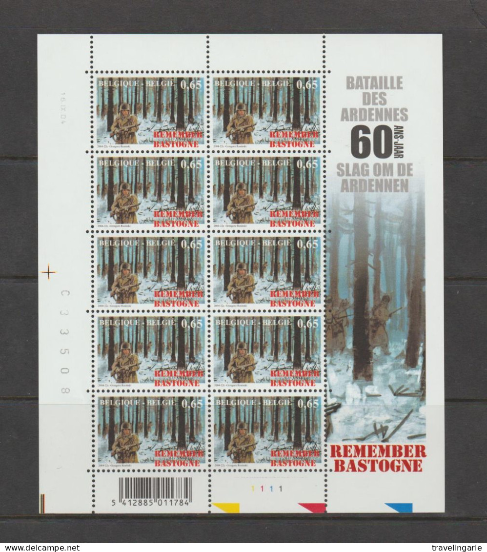 Belgium 2004 Remember Bastogne - Battle Of The Ardennes Complete Sheet  Plate 1 MNH ** - 2001-2010