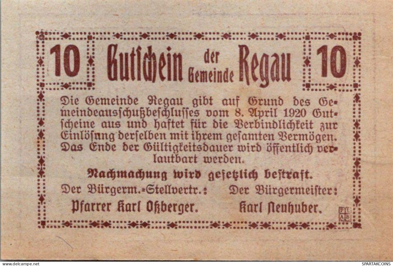 10 HELLER 1920 Stadt REGAU Oberösterreich Österreich Notgeld Banknote #PD954 - [11] Emisiones Locales