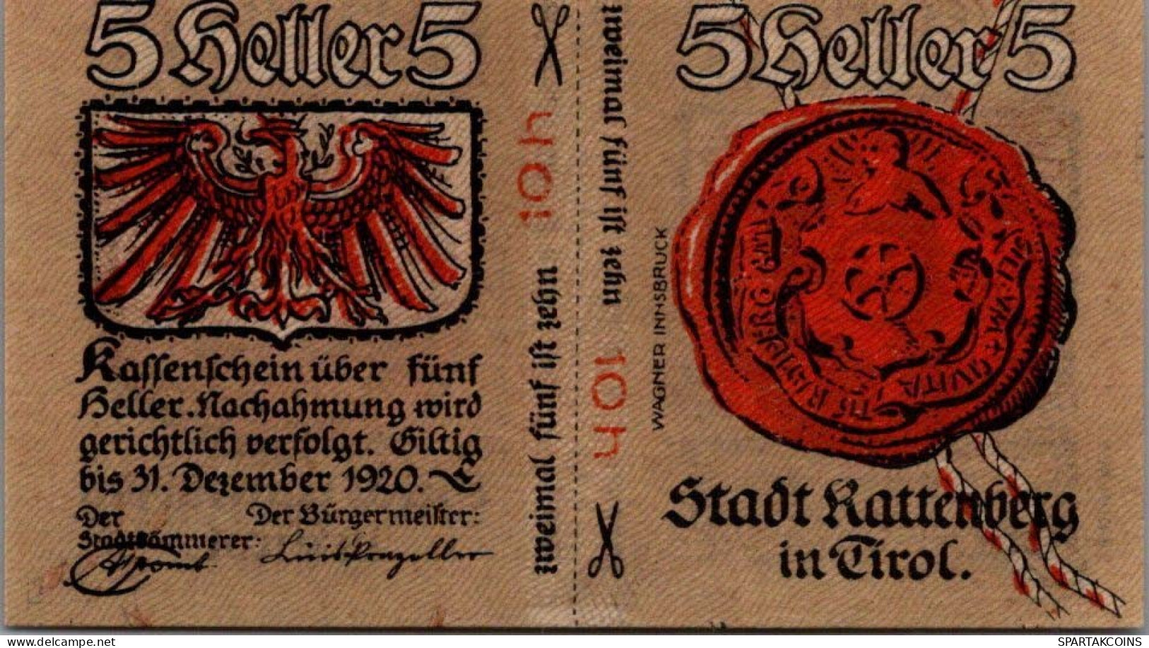 10 HELLER 1920 Stadt RATTENBERG Tyrol Österreich Notgeld Banknote #PE590 - [11] Emisiones Locales
