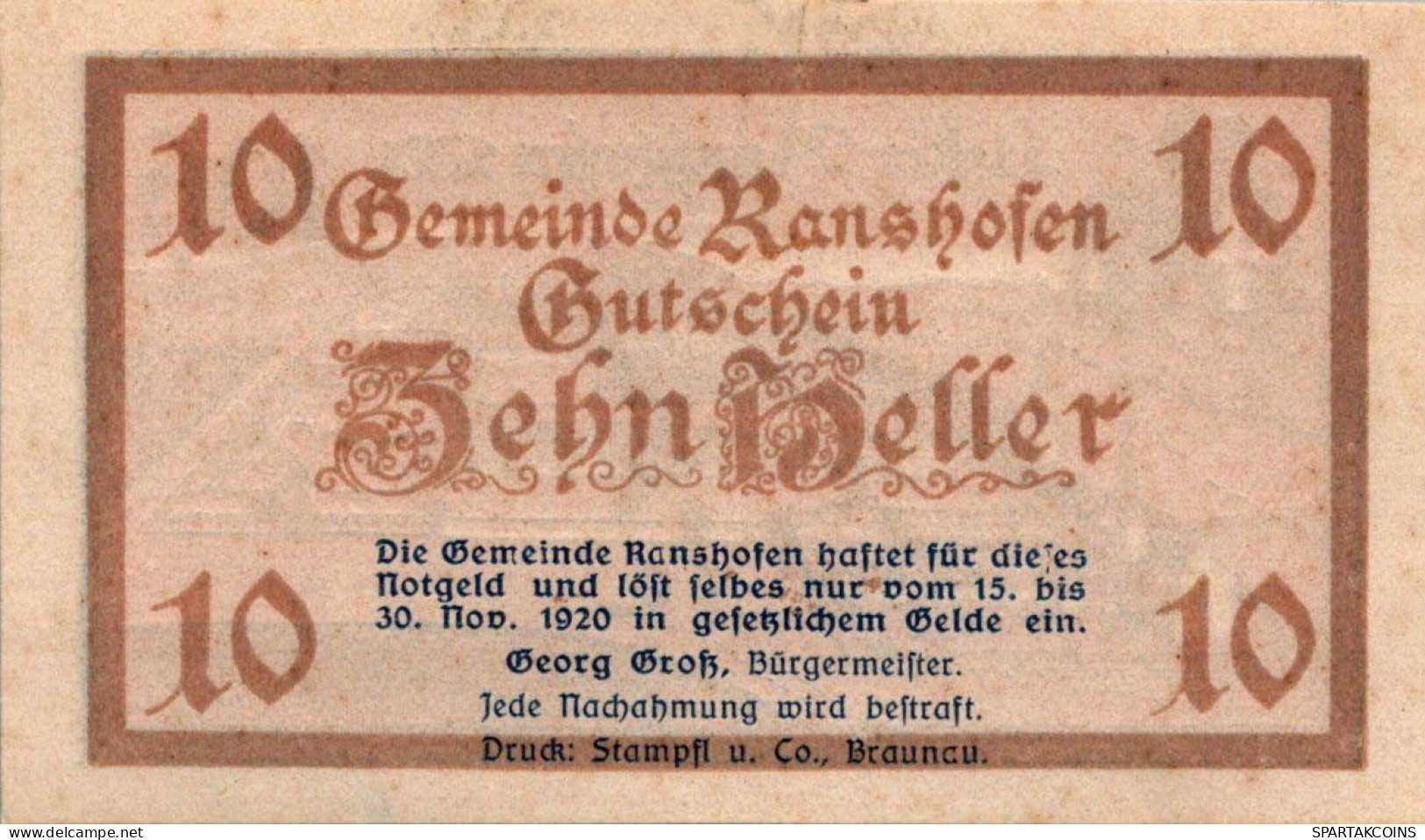 10 HELLER 1920 Stadt RANSHOFEN Oberösterreich Österreich Notgeld Banknote #PE563 - [11] Emisiones Locales