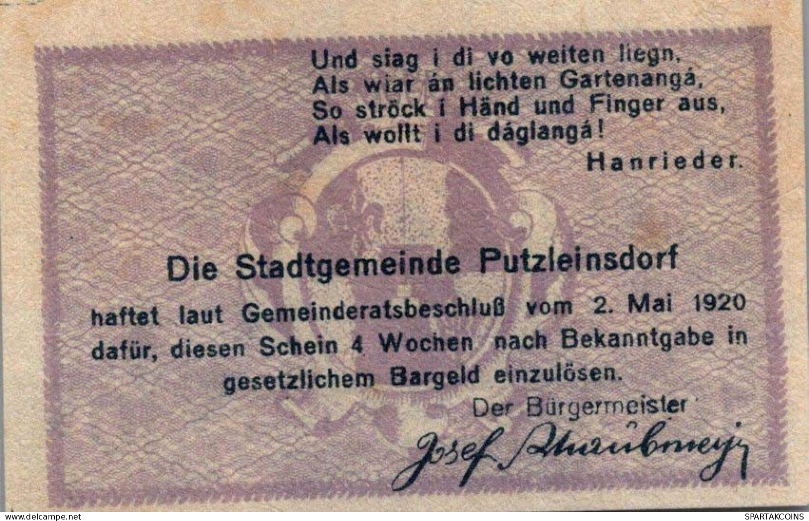 10 HELLER 1920 Stadt PUTZLEINSDORF Oberösterreich Österreich Notgeld Papiergeld Banknote #PG694 - [11] Local Banknote Issues
