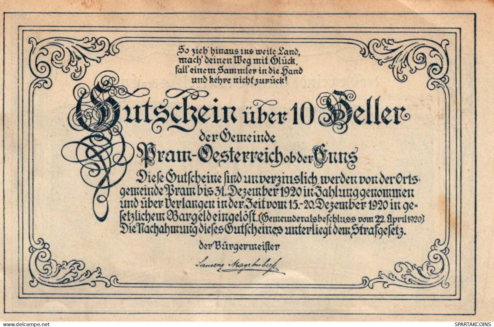 10 HELLER 1920 Stadt PRAM Oberösterreich Österreich Notgeld Banknote #PE301 - [11] Local Banknote Issues