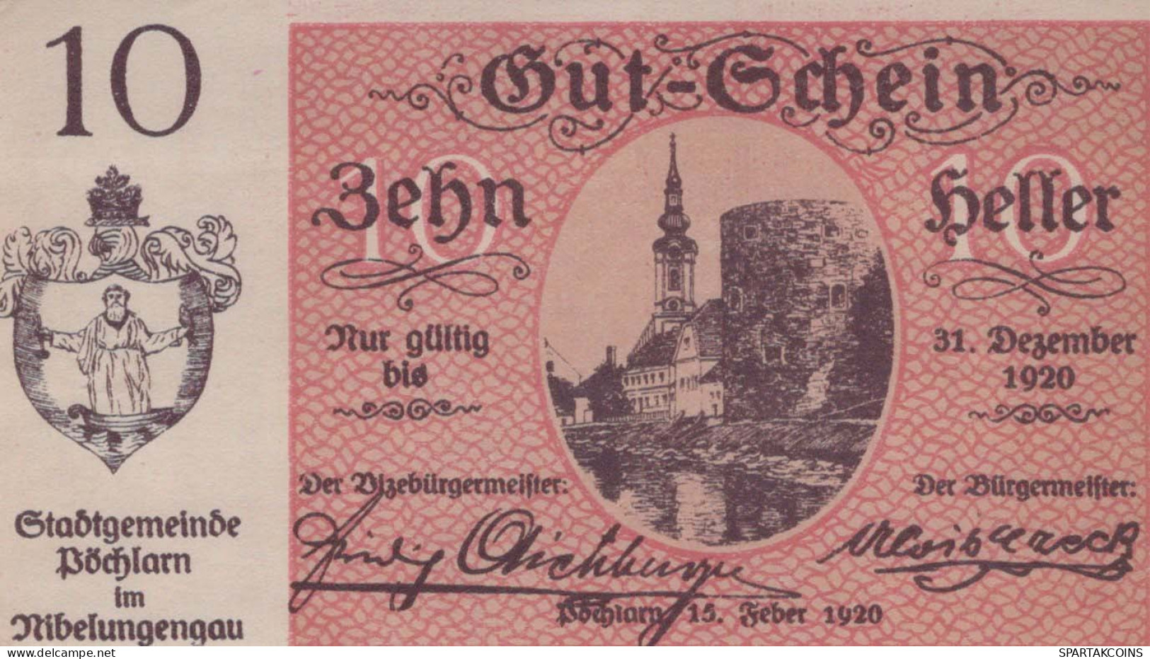 10 HELLER 1920 Stadt PoCHLARN Niedrigeren Österreich Notgeld Banknote #PE389 - [11] Local Banknote Issues