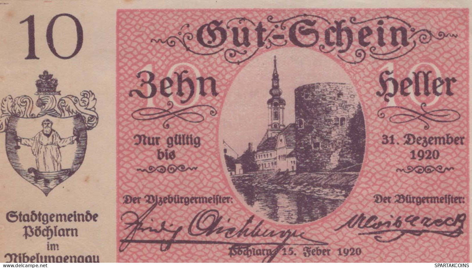 10 HELLER 1920 Stadt PoCHLARN Niedrigeren Österreich Notgeld Banknote #PE210 - [11] Emisiones Locales