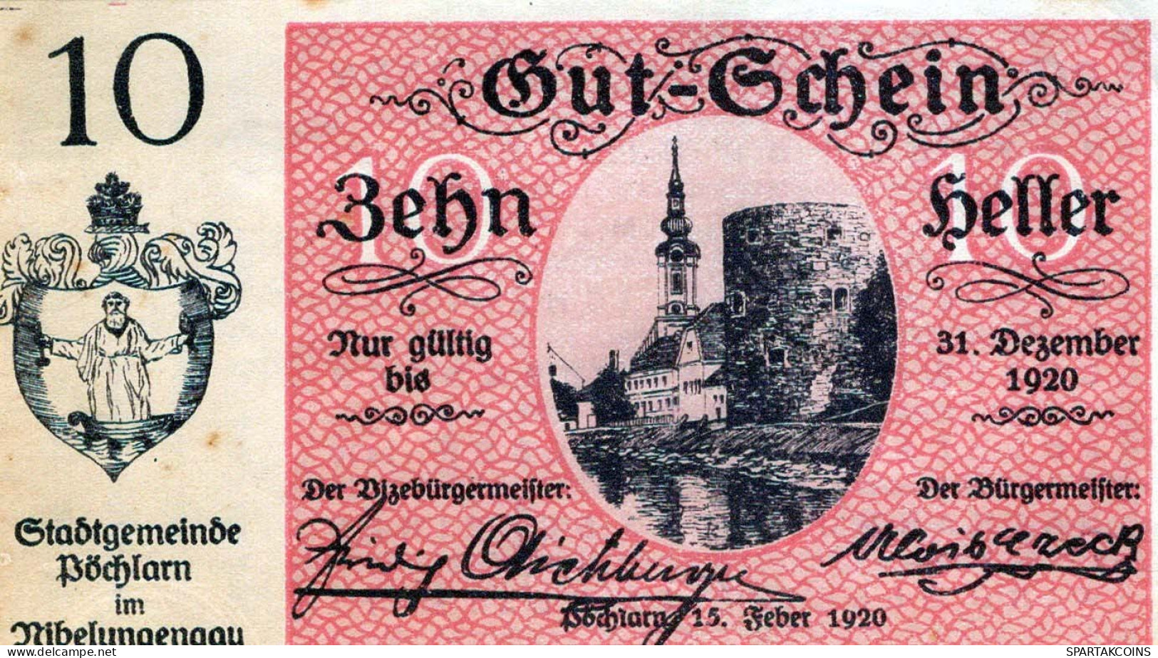 10 HELLER 1920 Stadt PoCHLARN Niedrigeren Österreich Notgeld Banknote #PE210 - [11] Emisiones Locales