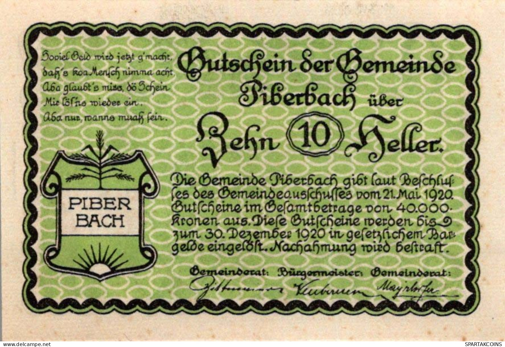 10 HELLER 1920 Stadt PIBERBACH Oberösterreich Österreich Notgeld Papiergeld Banknote #PG618 - [11] Local Banknote Issues
