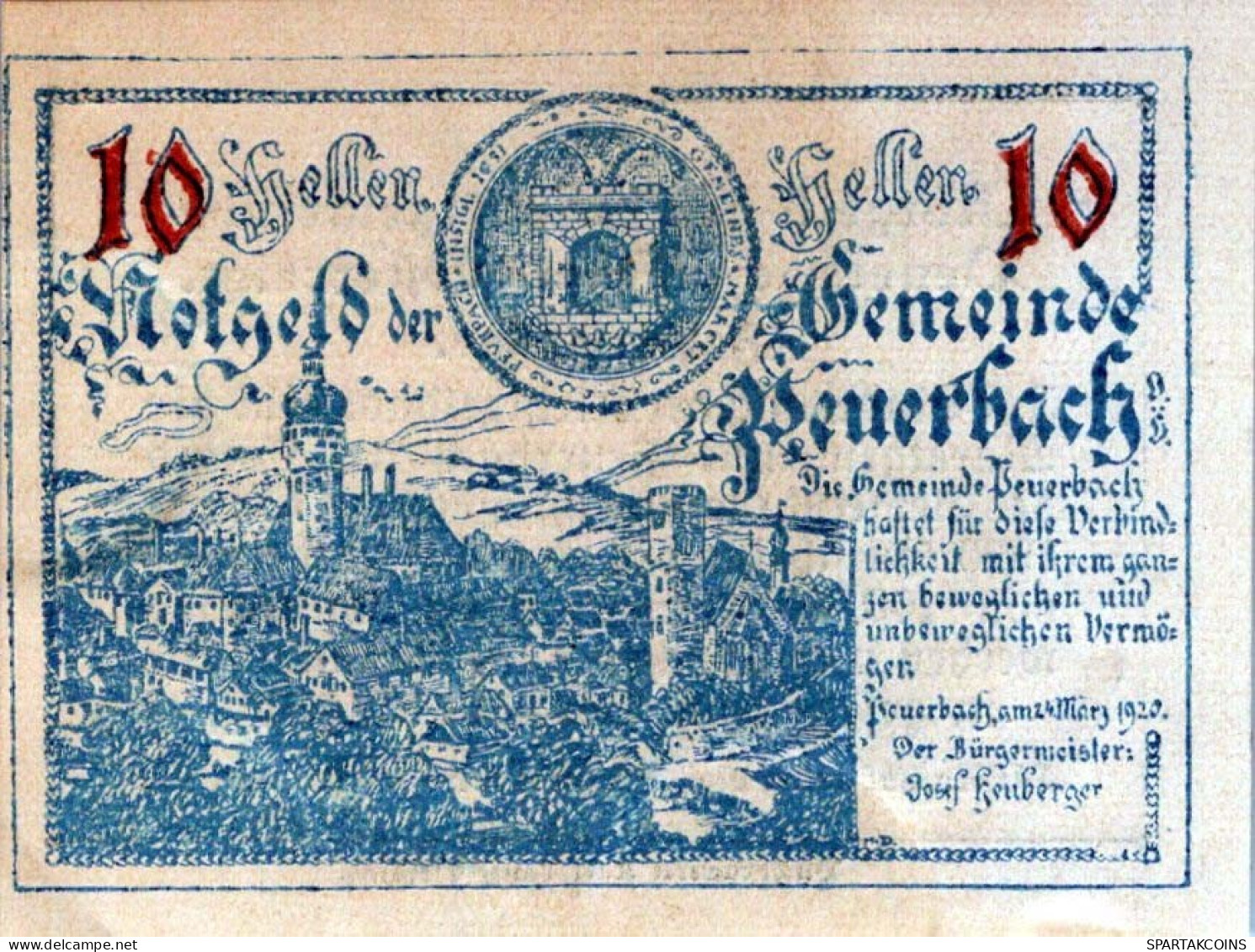 10 HELLER 1920 Stadt PEUERBACH Oberösterreich Österreich Notgeld Banknote #PE292 - [11] Local Banknote Issues