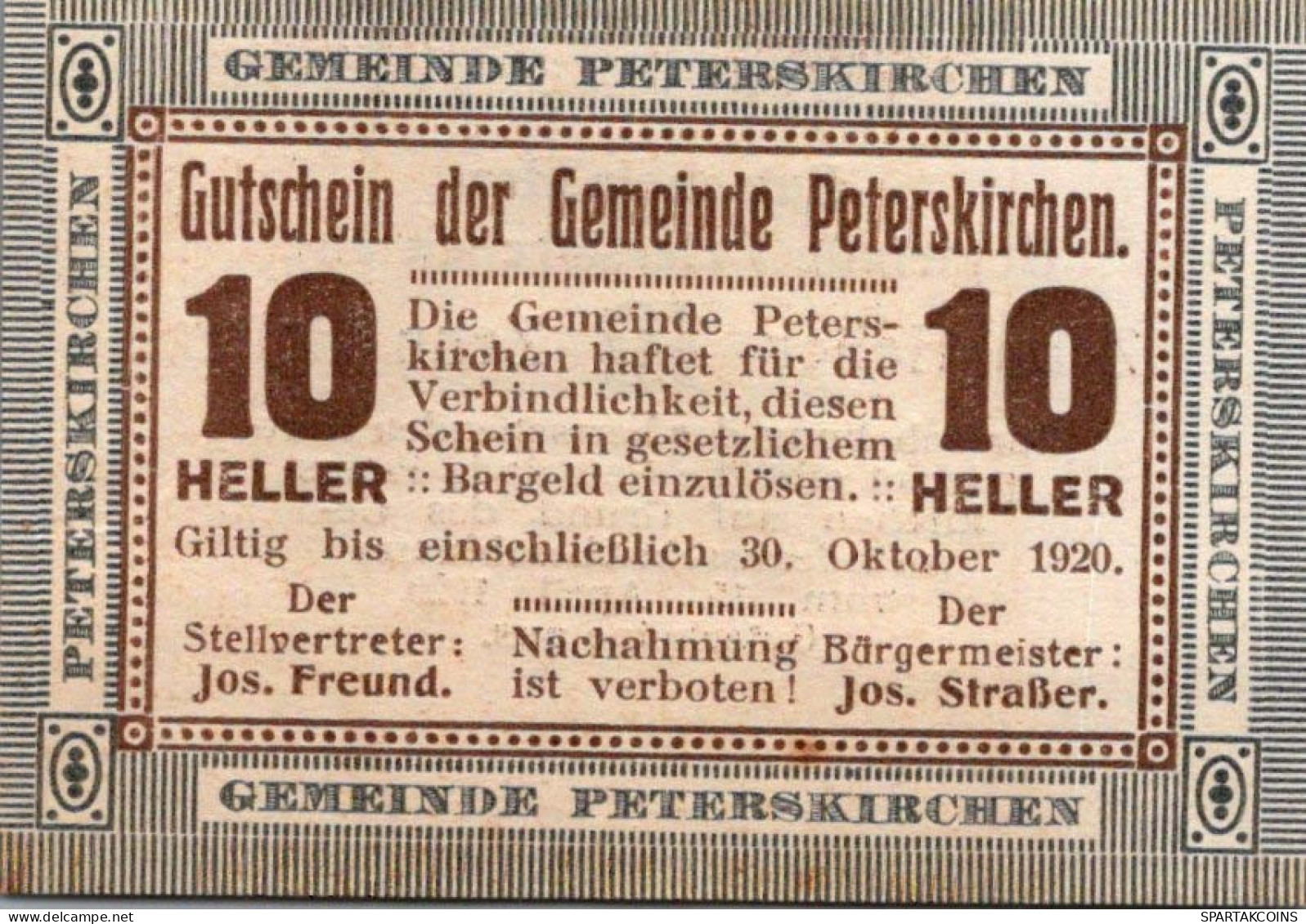 10 HELLER 1920 Stadt PETERSKIRCHEN Oberösterreich Österreich Notgeld #PE374 - [11] Emisiones Locales