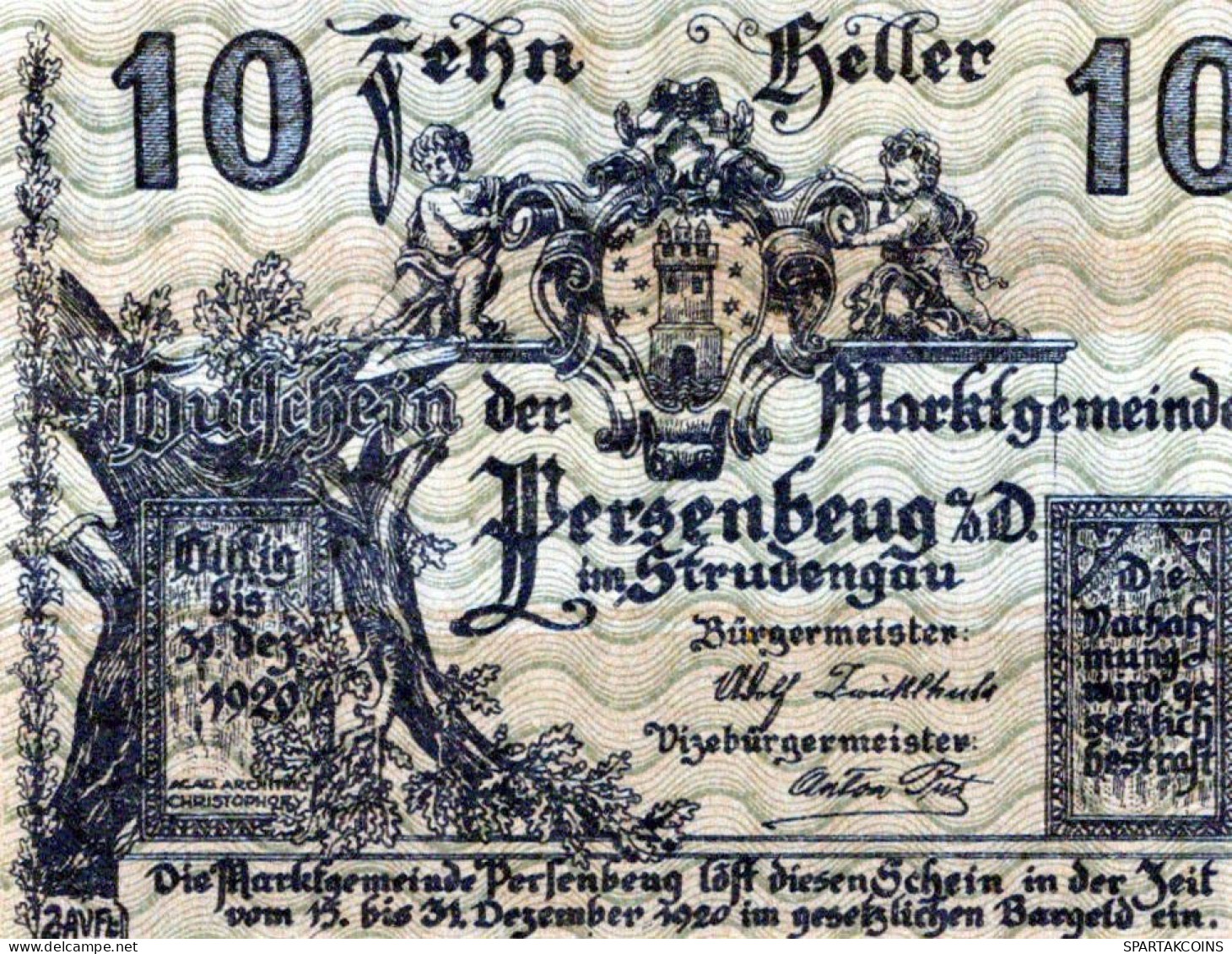 10 HELLER 1920 Stadt PERSENBEUG Niedrigeren Österreich Notgeld Papiergeld Banknote #PG781 - [11] Local Banknote Issues